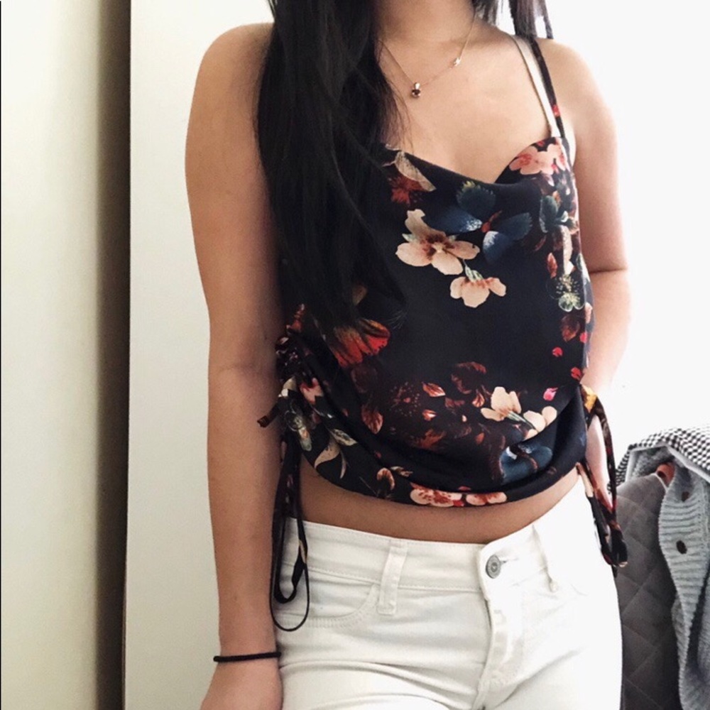 SATIN BUTTERFLY PRINT COWL NECK TOP